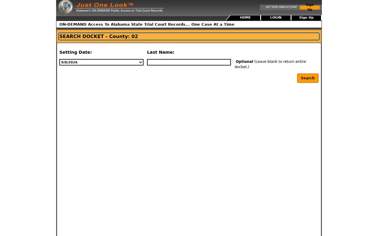 Blank Alabama electronic docket list search fields