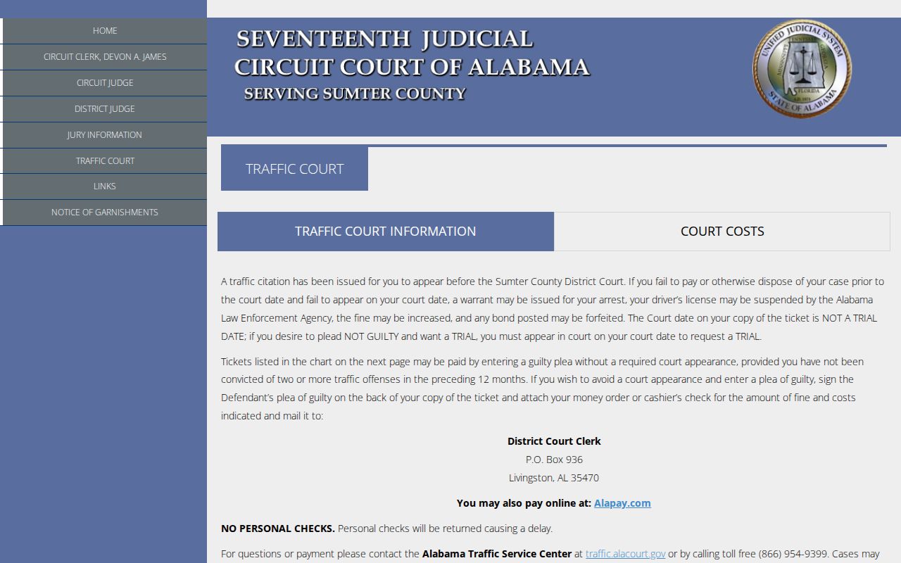 Sumter County Traffic Court instructions about court dates and FTA warrants