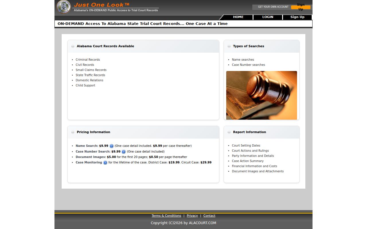 Alabama Just One Look paid name and case search options for Sumter County court records